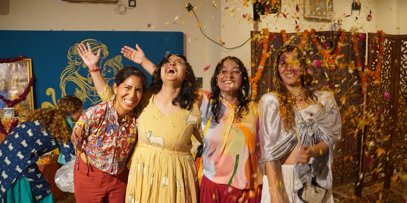 Petals in the air during a joyful celebration
