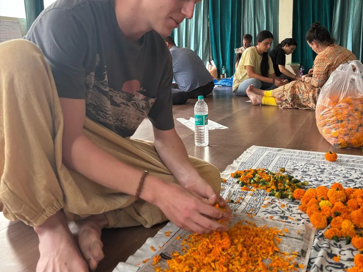 Marigolds and devotional preparations at a hands-on workshop