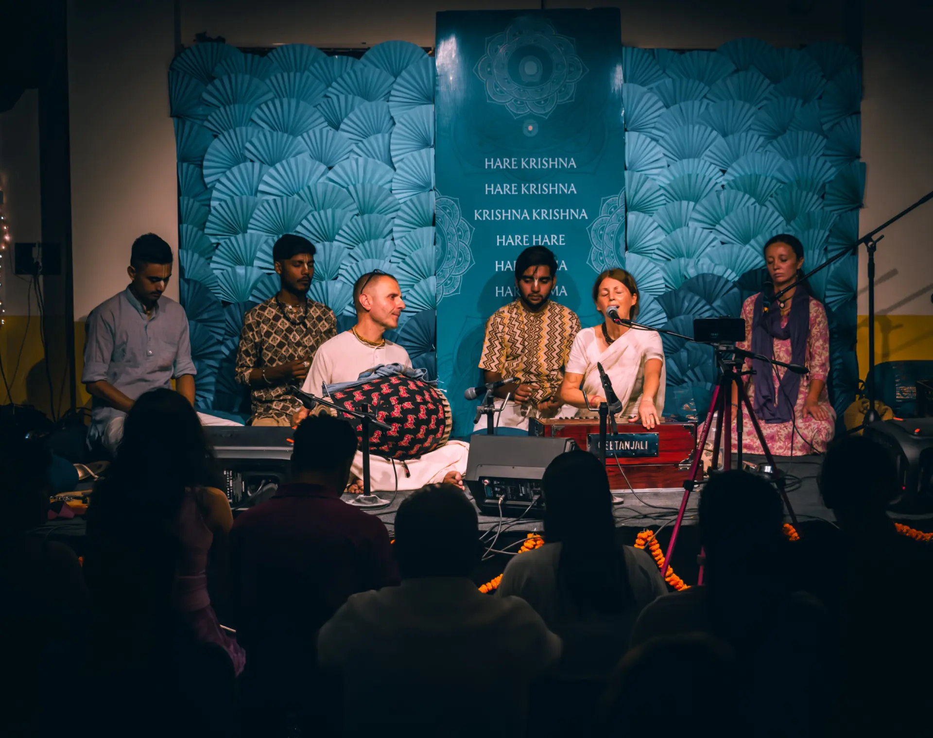 The kirtan ensemble on stage at Kirtan Mela